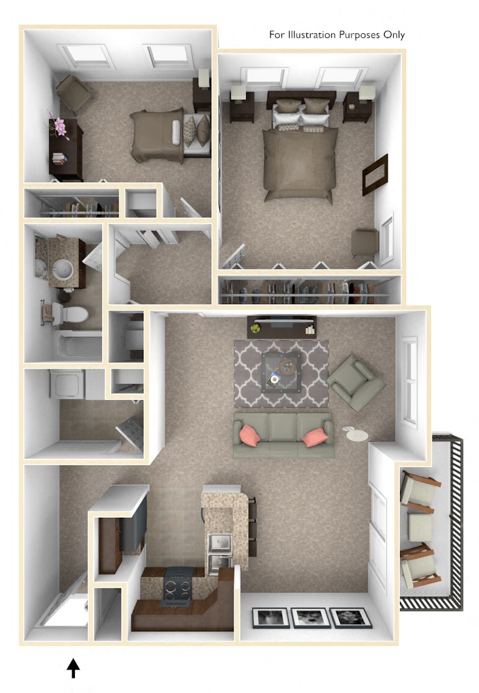 Floor plan for 2 beds, 1 bath, 985 sqft